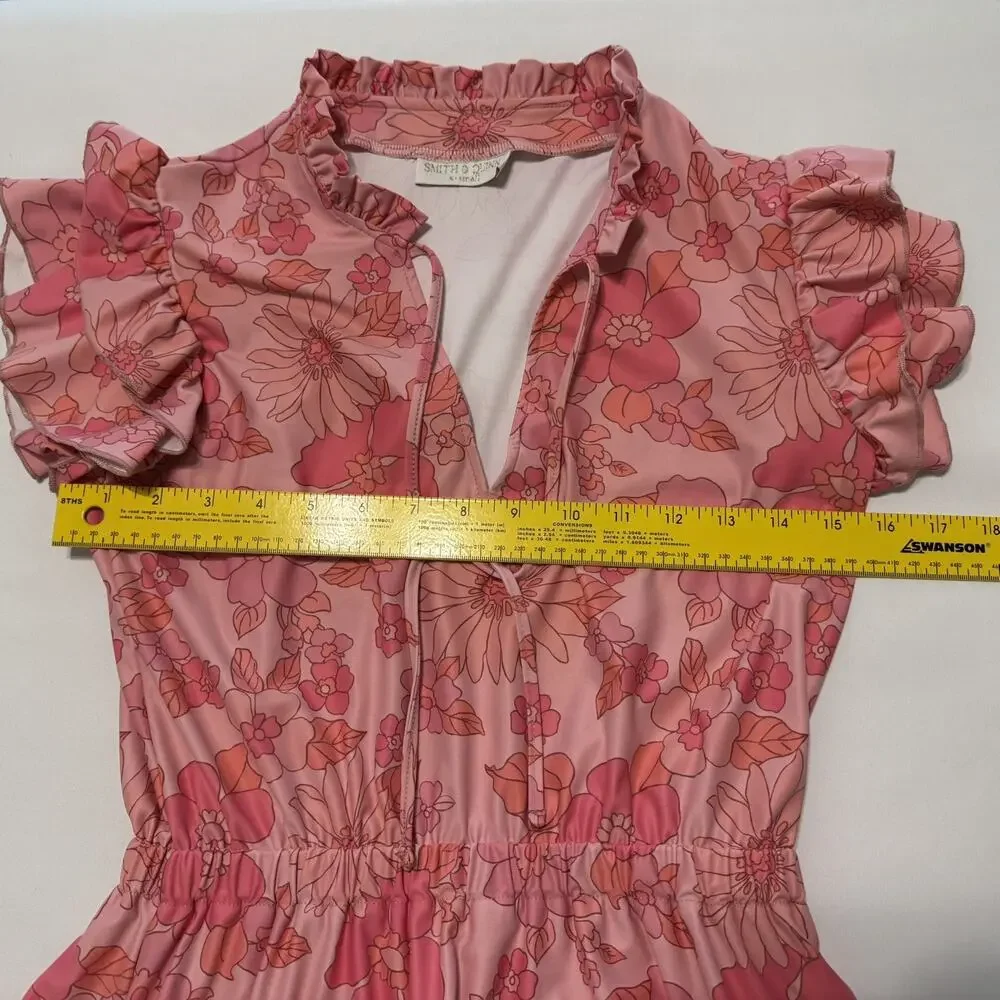 SMITH & QUINN High smocked/ruffled split 60’s Retro Pink Floral Dress Size XSm - Picture 7 of 14